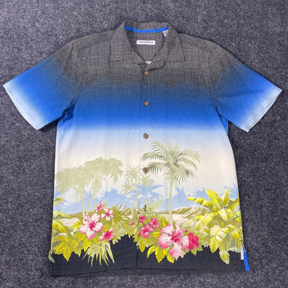 Tommy Bahama Silk Camp Shirt Mens Large Blue Ombre Tropical Floral Hawaiian